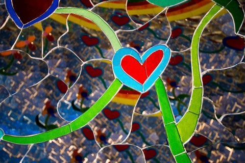 Colourful hearts made of glass and mirrors, Giardino dei Tarot, by Niki de Saint Phalle, near