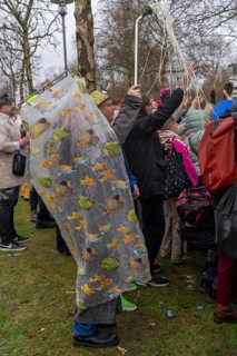 Rose Monday procession in Düsseldorf, spectators at the street carnival, in some cases heavy rain,