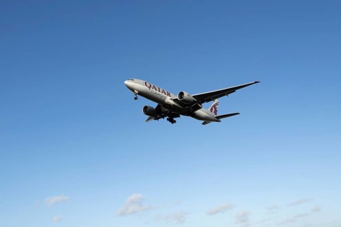 Boeing 777 A7-BFL commercial jet aircraft of Qatar cargo in flight on approach to land at London