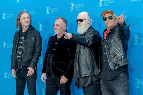 Sam Dunn, Tom Morello, Rob Halford at the photocall for the film The Ballad of Judas Priest at the