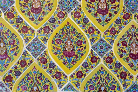 Coloured Bencharong ceramic tiles, depiction of Thai angels (devas) in diamond-shaped frames,