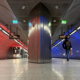 Illuminated subway station Bochumer Verein und Jahrhunderthalle, Bochum, Ruhr area, North