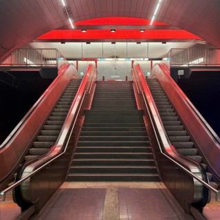 Artistically designed Lohring subway station with stairs and escalators, Bochum, North