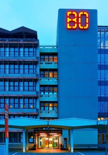Main building of Bochum University with red BO logo in the evening, Central Campus, Bochum, Ruhr