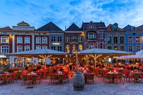 Restaurant on the market at dusk, Venlo, the Netherlands