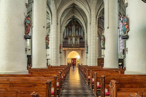Interior and organ of the Catholic parish church of St. Peter and Paul in Straelen, North