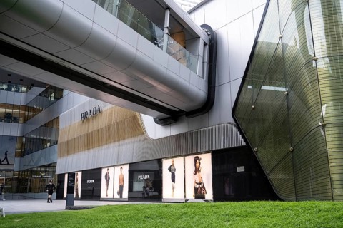 Bangkok, Thailand. March 19th 2025. Prada designer fashion logo displayed on the flagship store