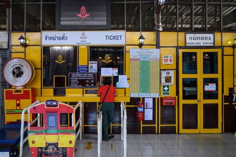 Mae Klong, Thailand. March 15th 2025. The train ticket office at the Maeklong Railway station in