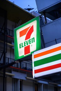 7 Eleven shop front sign and logo outside the popular convenience shop and supermarket in central