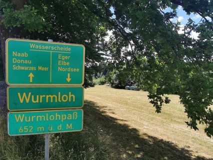 A green signpost, watershed, Wurmloh Pass, on a sunny meadow under a tree, Franconian mountain