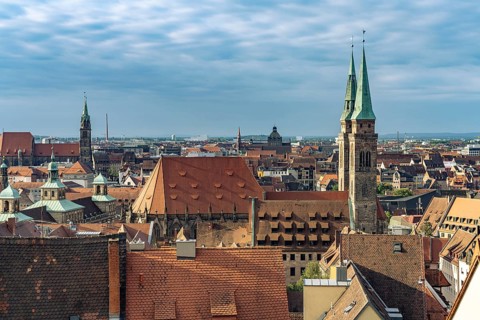 View over the rooftops of the old town and St. Sebaldus Church in Nuremberg, Bavaria, Germany