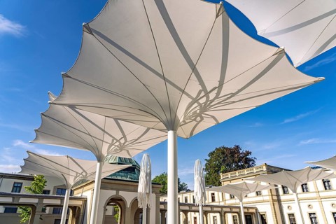 Umbrellas at Luitpoldbad im Staatsbad Bad Kissingen, Lower Franconia, Bavaria, Germany