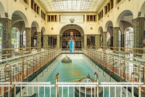 The fountain hall in the Bad Kissingen state swimming pool, Lower Franconia, Bavaria, Germany