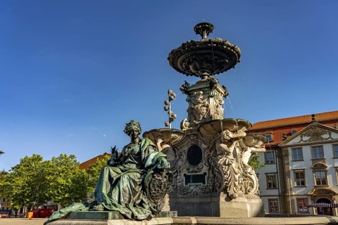 The Paulibrunnen on the market square in Erlangen, Middle Franconia, Bavaria, Germany