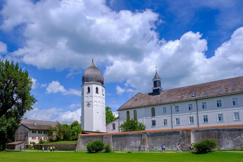Kloster, Frauenwörth, with church tower, Campanile, Fraueninsel, Chiemsee, Chiemgau, Upper Bavaria,