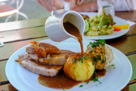Roast pork with dumplings and sauce, Steiner Bräustüberl, Stein an der Traun, Chiemgau, Upper