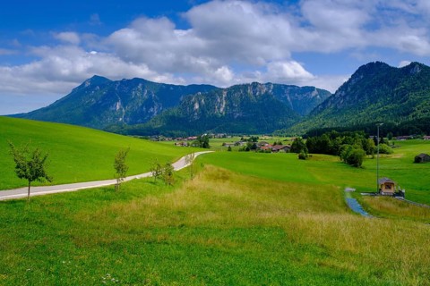 View from the Kesselalm near Inzell, to Hinterstaufen, Chiemgau, Upper Bavaria, Bavaria, Germany