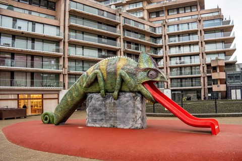 Art in Knokke-Heist, chameleon, tongue as a slide, by Jeremy Deller, part of the Beaufort