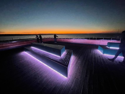 Baltic resort Prerow, pier, night view, sunset, Baltic Sea. At 720 meters, it is the longest pier