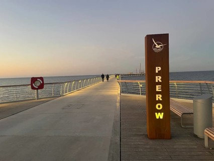Baltic resort Prerow, pier, night view, sunset, twilight, Baltic Sea. At 720 meters, it is the