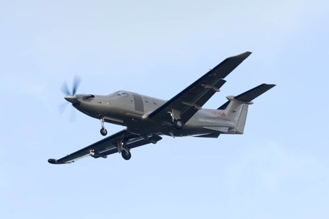 Pilatus PC-12 NG prop aircraft LX-FLG in flight on approach to land at London Stansted airport,