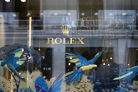 London, UK. January 29th 2025. Gold logo of Rolex luxury watches displayed in the stores Old Bond