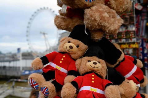 London, UK. January 31st 2025. Typical London themed children's toy bears for sale to tourists with
