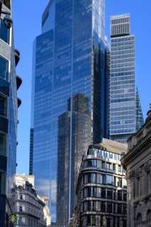 London, UK. January 29th 2025. Modern skyscraper office buildings tower over historic Threadneedle