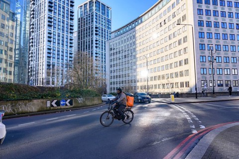 London, UK. January 31st 2025. A typical cycle food delivery guy riding his bike through the