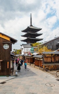 Yasaka dori historic street in the old town with traditional Japanese houses, five-story Yasaka