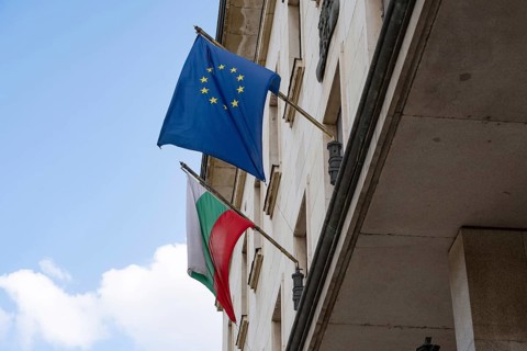 The Bulgarian and European flags together, Bulgaria joined the European Union in 2007 and is due to