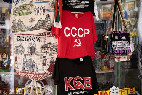 Sofia, Bulgaria. June 21st 2025. CCCP and KGB Soviet style souvenir T shirts for sale to tourists