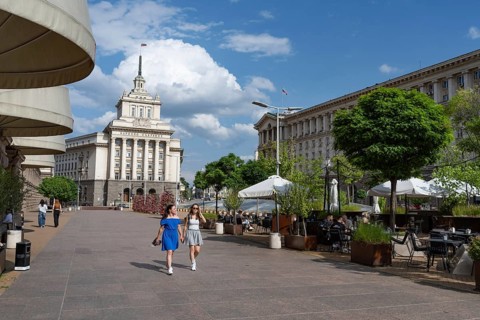 Sofia, Bulgaria. June 21st 2025. Café culture at The Largo, an architectural complex of three