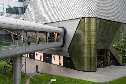 Bangkok, Thailand. March 19th 2025. Prada designer fashion logo displayed on the flagship store