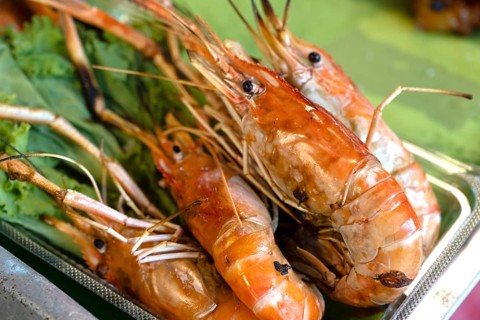 A tasty display of shrimp shellfish, a popular seafood menu snack sold from street food stalls and