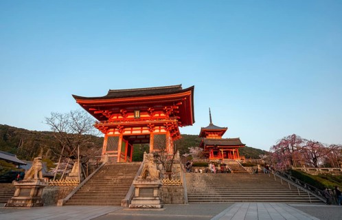 Niomon and Nishimon gates at the entrance of Kiyomizu-dera Temple, in the evening light, Buddhist