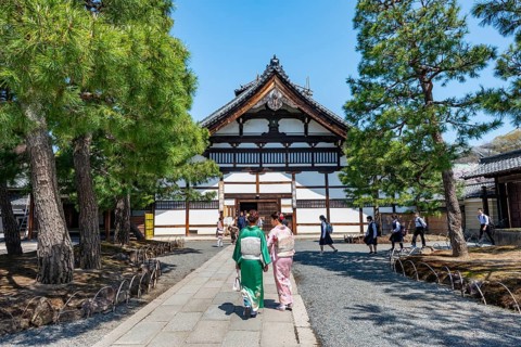 Japanese woman dressed in kimono in front of Kenninji Hombo, Kennin-ji Buddhist Temple,