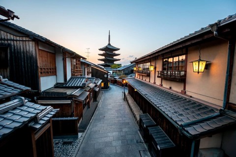 Yasaka dori historic street in the old town with traditional Japanese houses, five-story Yasaka