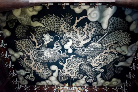 Interior view of Hodo Hall in Kennin-ji Buddhist Temple, Twin Dragon ceiling painting by artist