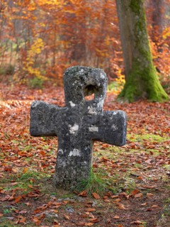 Medieval stone cross in the forest in autumn, atonement cross, murder cross, court cross, Spaal