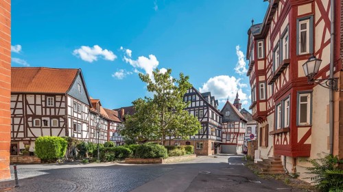 Half-timbered houses in the historic old town of Büdingen, Hesse, Germany