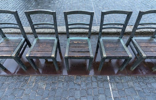 The sixty chairs memorial on the grounds of the Jewish ghetto, Krakow, Poland