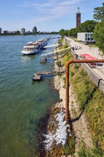 Rhine river, Rheinhallen exhibition halls, brick architecture, exhibition tower, general
