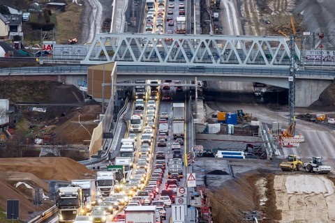 Traffic jam at the permanent construction site of the A8 motorway near Pforzheim-Ost. One side of