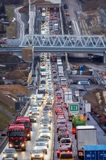 Traffic jam at the permanent construction site of the A8 motorway near Pforzheim-Ost. One side of