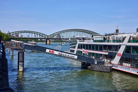 Rhine river, excursion boat, gangway, Cologne-Düsseldorfer Deutsche Rheinschiffahrt GmbH, bridge,