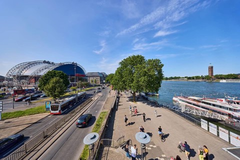 Rhine river, large tent Musical Dome, exhibition tower, general architecture, footpath, waterfront,