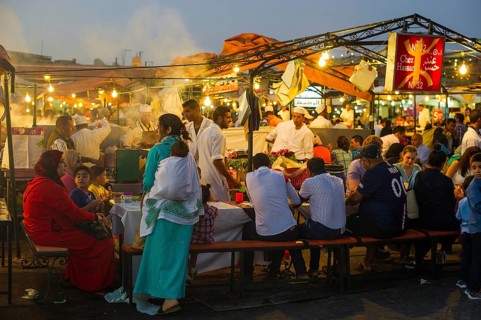Food stalls on Place Djemma el-Fna, Gauklerplatz, UNESCO World Heritage Site, Blue Hour, Marrakech,