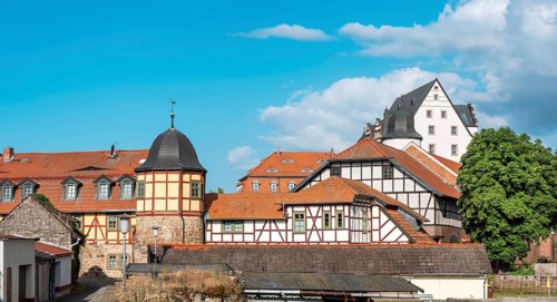 Large half-timbered buildings at Heringen Castle, Thuringia, Germany