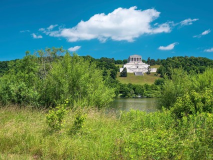 View across the Danube River to the Walhalla Memorial on the Bräuberg, Donaustauf, Upper